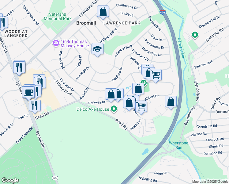 map of restaurants, bars, coffee shops, grocery stores, and more near 431 Warren Boulevard in Broomall