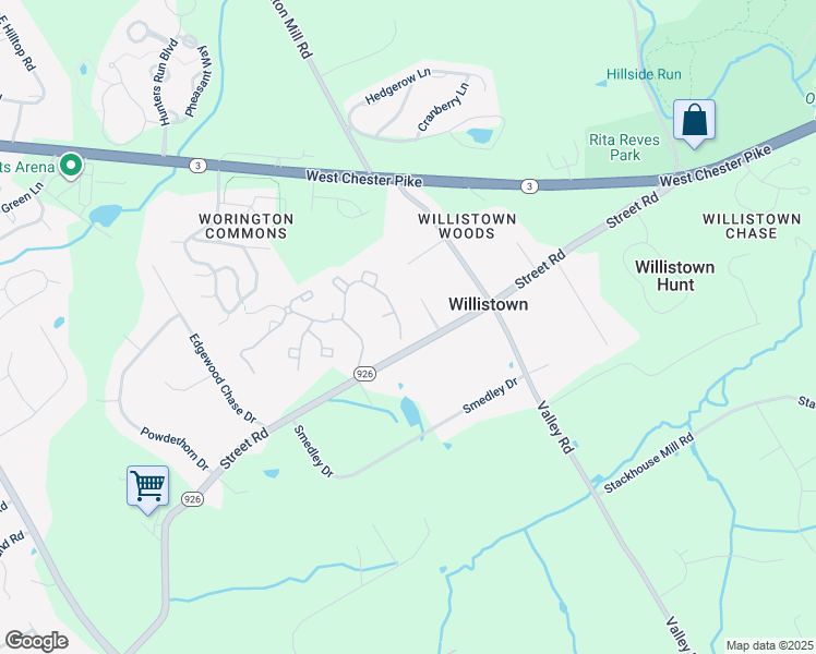 map of restaurants, bars, coffee shops, grocery stores, and more near 403 Princeton Circle in Newtown Square