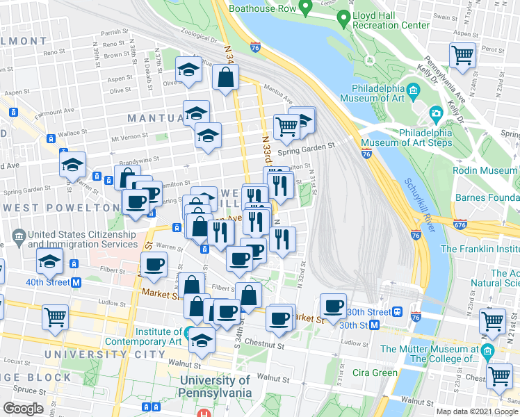 map of restaurants, bars, coffee shops, grocery stores, and more near 3323 Powelton Avenue in Philadelphia