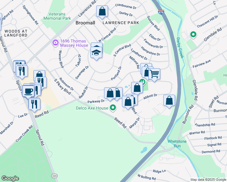 map of restaurants, bars, coffee shops, grocery stores, and more near 431 Warren Boulevard in Broomall