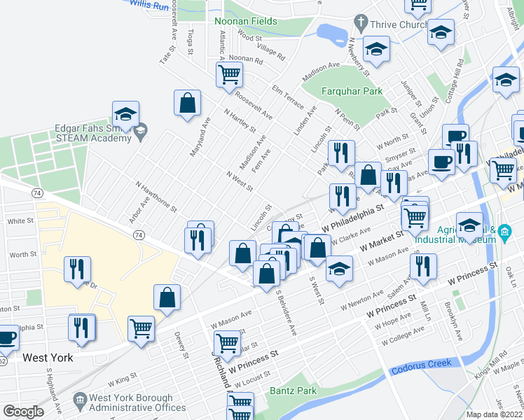 map of restaurants, bars, coffee shops, grocery stores, and more near 619 Lincoln Street in York