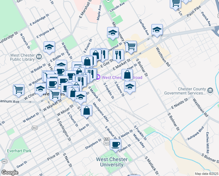 map of restaurants, bars, coffee shops, grocery stores, and more near 200 South Franklin Street in West Chester