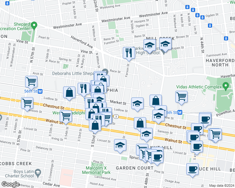 map of restaurants, bars, coffee shops, grocery stores, and more near 33 North 51st Street in Philadelphia