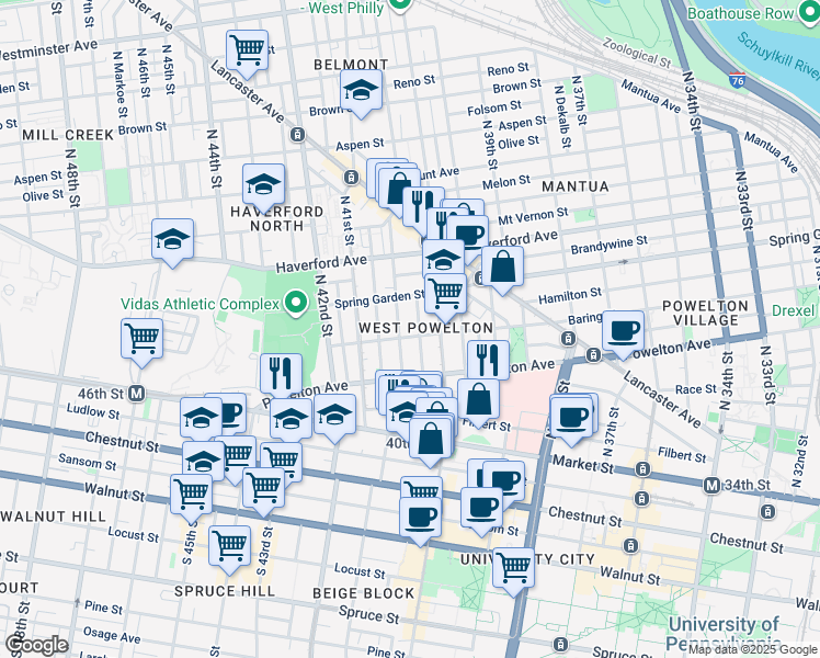 map of restaurants, bars, coffee shops, grocery stores, and more near 4021 Baring Street in Philadelphia