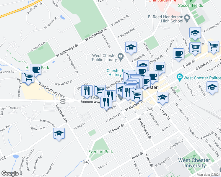 map of restaurants, bars, coffee shops, grocery stores, and more near 225 North New Street in West Chester