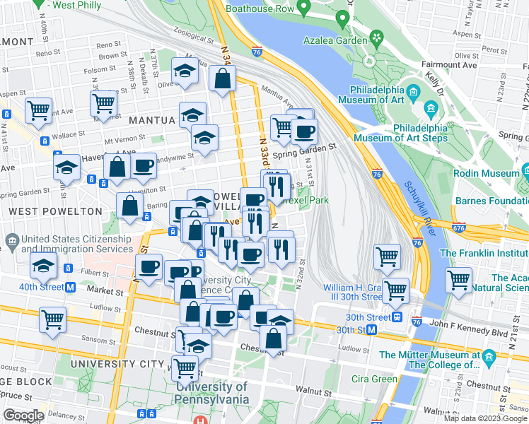 map of restaurants, bars, coffee shops, grocery stores, and more near 3309 Powelton Avenue in Philadelphia