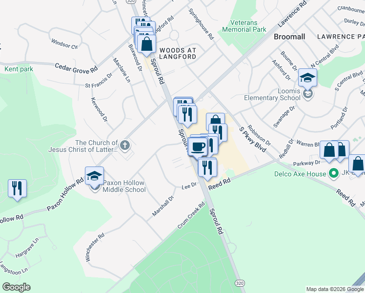 map of restaurants, bars, coffee shops, grocery stores, and more near 603 Williamsburg Drive in Broomall
