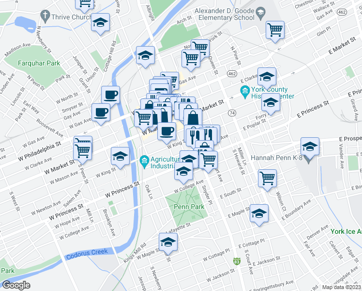 map of restaurants, bars, coffee shops, grocery stores, and more near 32 West King Street in York
