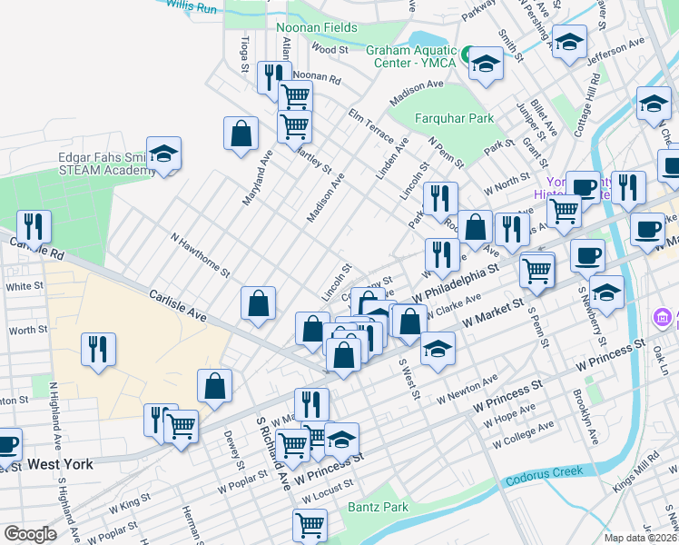 map of restaurants, bars, coffee shops, grocery stores, and more near 654 Lincoln Street in York