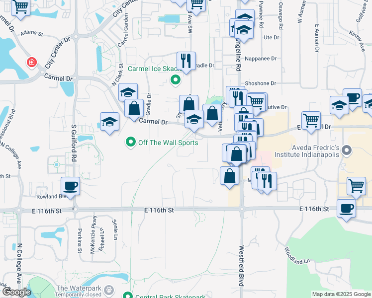 map of restaurants, bars, coffee shops, grocery stores, and more near 201 West Carmel Drive in Carmel