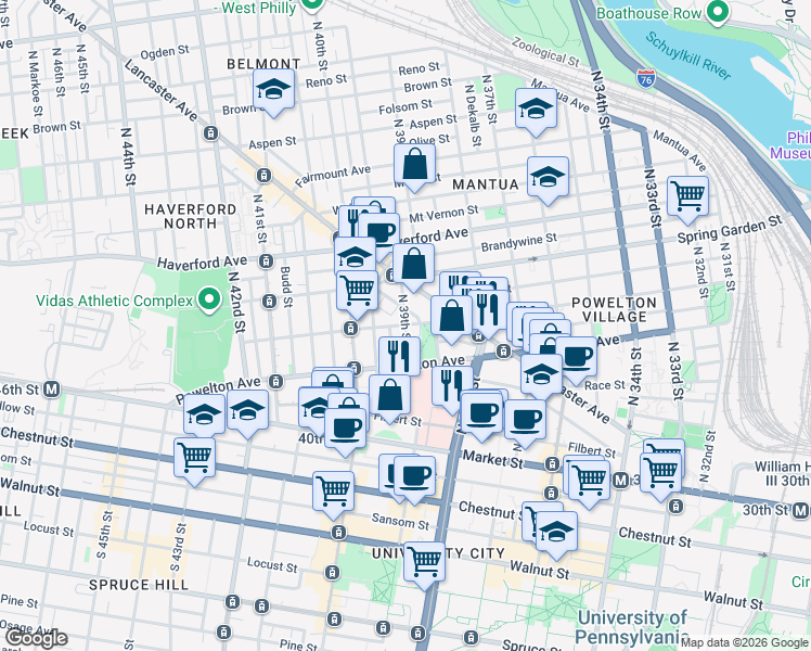 map of restaurants, bars, coffee shops, grocery stores, and more near Baring St & N 39th St in Philadelphia