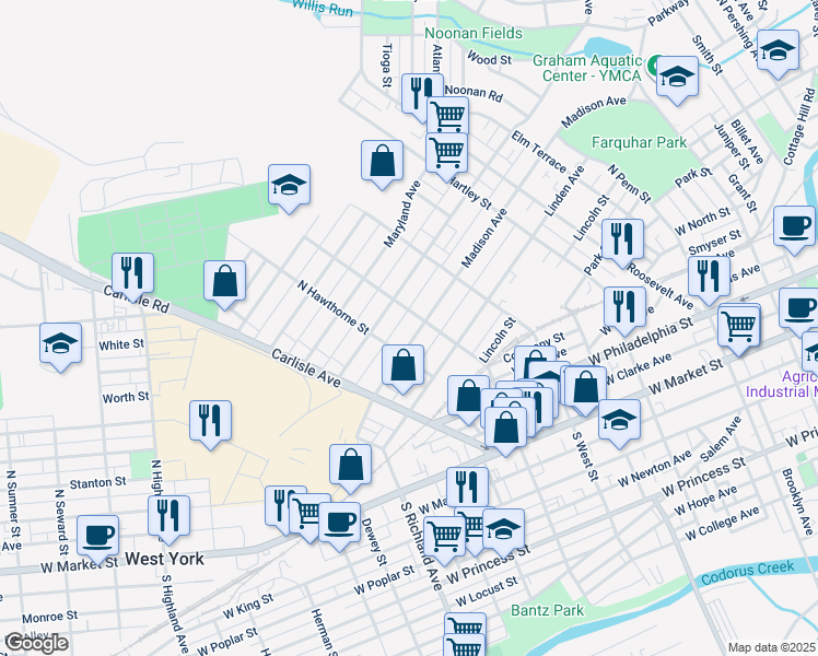 map of restaurants, bars, coffee shops, grocery stores, and more near 715 Madison Ave in York