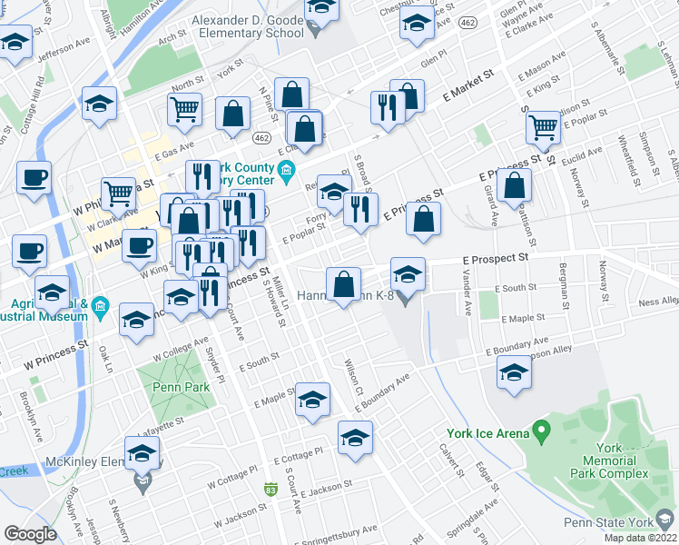 map of restaurants, bars, coffee shops, grocery stores, and more near 235 South Pine Street in York