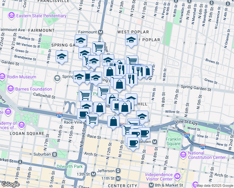 map of restaurants, bars, coffee shops, grocery stores, and more near 446 North 12th Street in Philadelphia