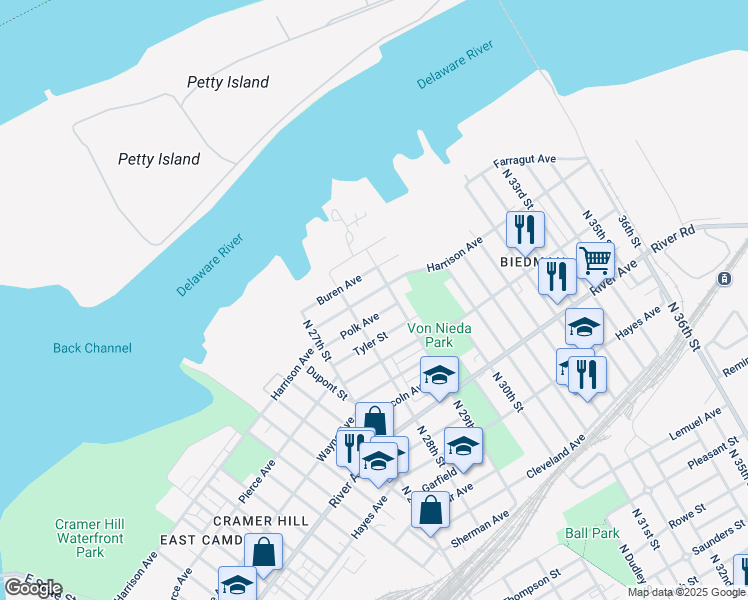 map of restaurants, bars, coffee shops, grocery stores, and more near 2834 Harrison Avenue in Camden