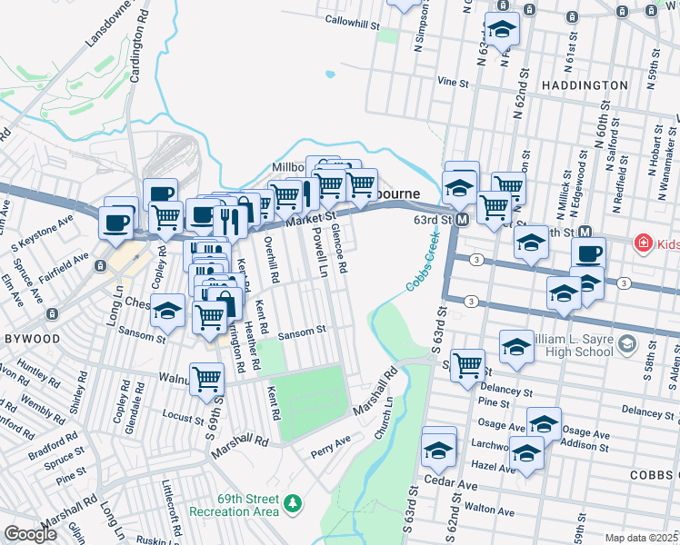 map of restaurants, bars, coffee shops, grocery stores, and more near 118 Glencoe Road in Delaware County