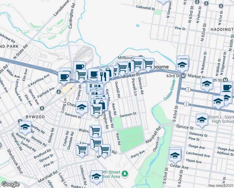 map of restaurants, bars, coffee shops, grocery stores, and more near 32 Overhill Road in Delaware County