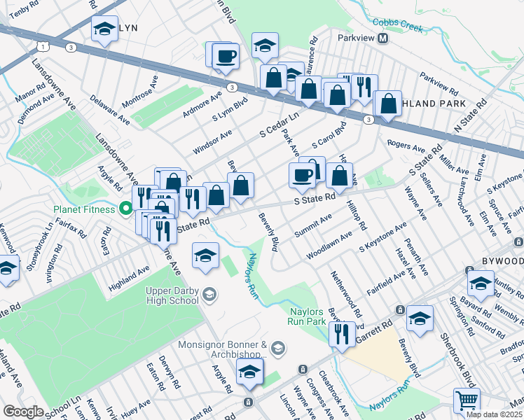 map of restaurants, bars, coffee shops, grocery stores, and more near 321 South State Road in Upper Darby