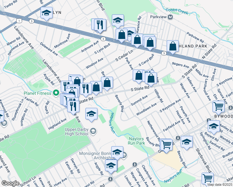 map of restaurants, bars, coffee shops, grocery stores, and more near 321 South State Road in Upper Darby