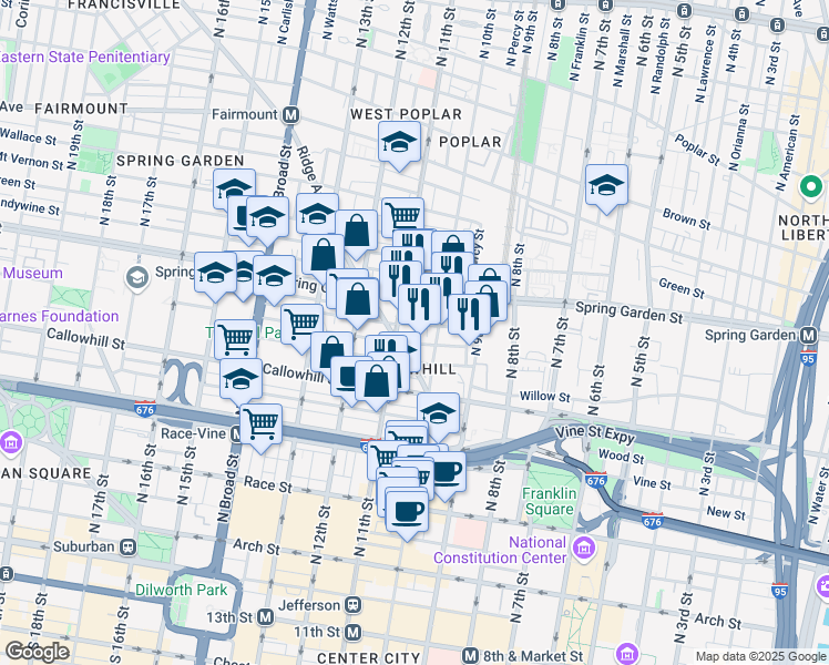 map of restaurants, bars, coffee shops, grocery stores, and more near 1022 Buttonwood Street in Philadelphia