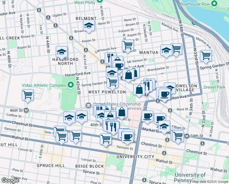 map of restaurants, bars, coffee shops, grocery stores, and more near 3949 Baring Street in Philadelphia