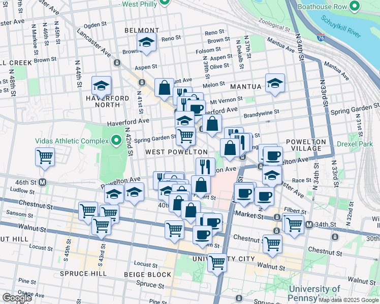 map of restaurants, bars, coffee shops, grocery stores, and more near 3947 Baring Street in Philadelphia