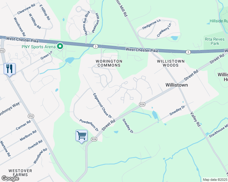map of restaurants, bars, coffee shops, grocery stores, and more near 2502 Westfield Court in Newtown Square