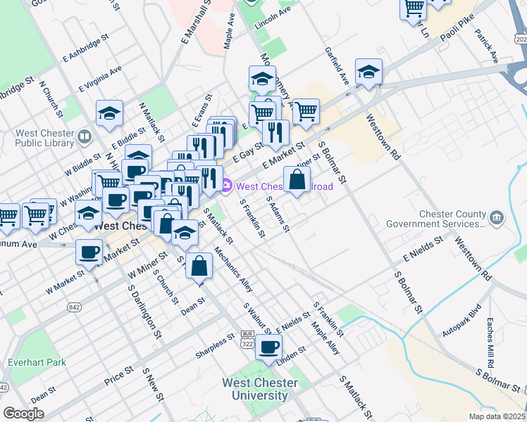 map of restaurants, bars, coffee shops, grocery stores, and more near 310 East Barnard Street in West Chester