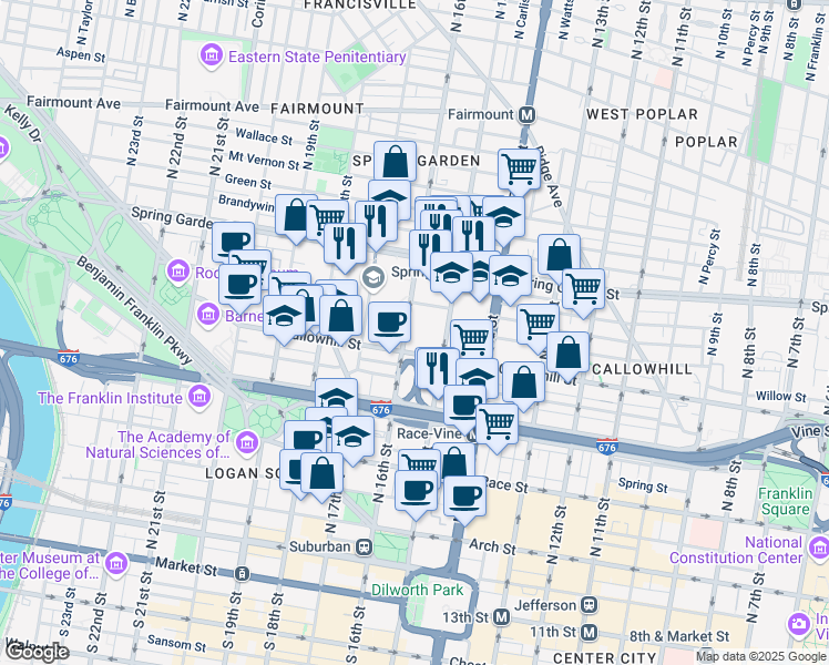 map of restaurants, bars, coffee shops, grocery stores, and more near 1550 Callowhill Street in Philadelphia