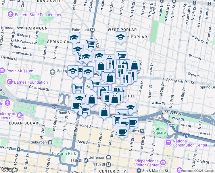 map of restaurants, bars, coffee shops, grocery stores, and more near 428-38 North 11th Street in Philadelphia