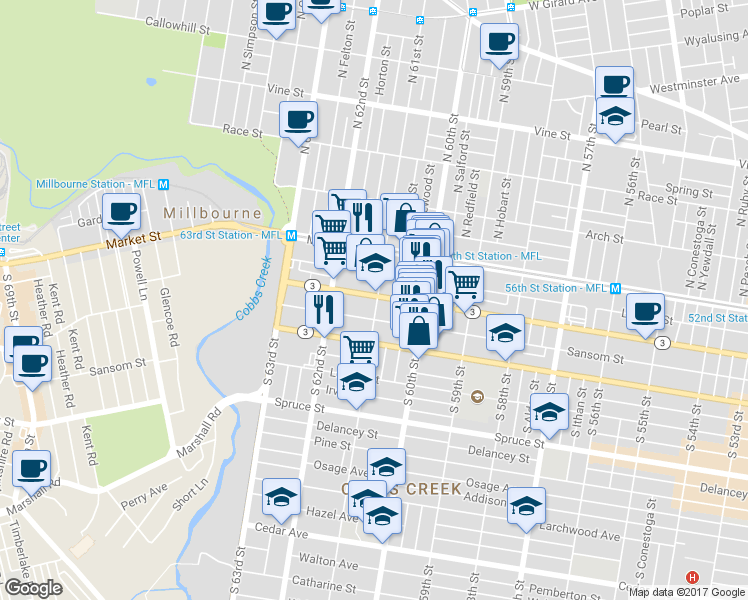 map of restaurants, bars, coffee shops, grocery stores, and more near 6100 Chestnut Street in Philadelphia