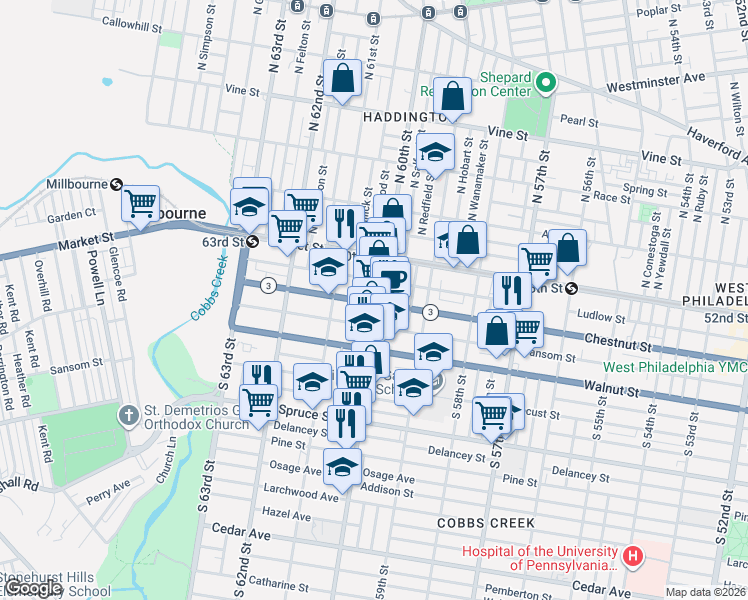 map of restaurants, bars, coffee shops, grocery stores, and more near 54 South 60th Street in Philadelphia
