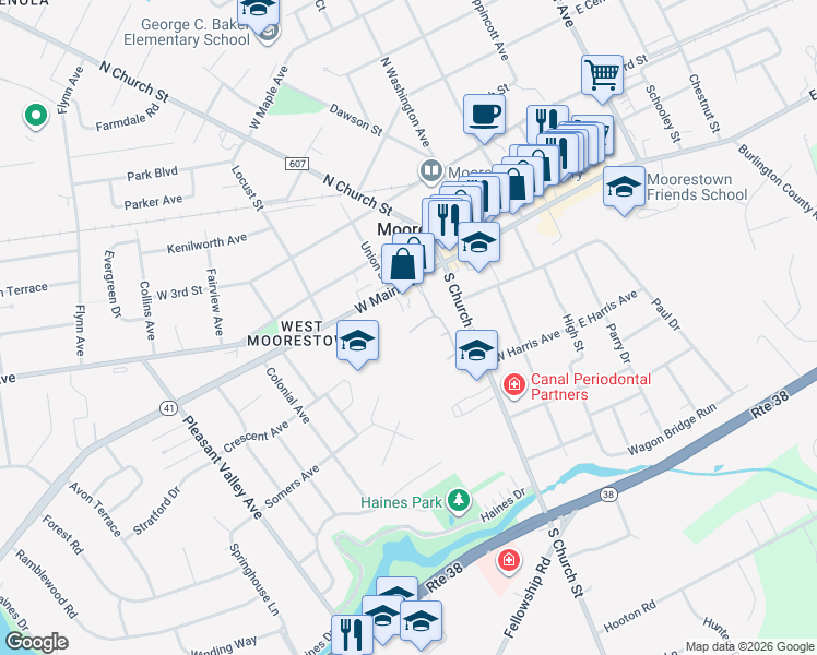 map of restaurants, bars, coffee shops, grocery stores, and more near 18 East Close in Moorestown