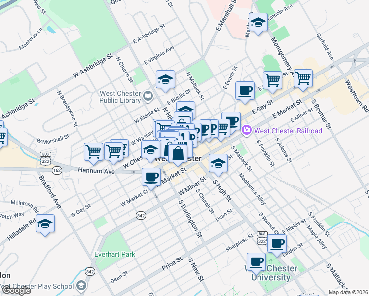 map of restaurants, bars, coffee shops, grocery stores, and more near in West Chester