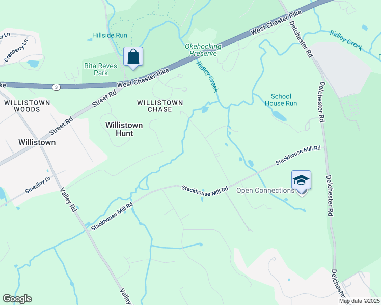 map of restaurants, bars, coffee shops, grocery stores, and more near 2056 Pony Trail Drive in Newtown Square