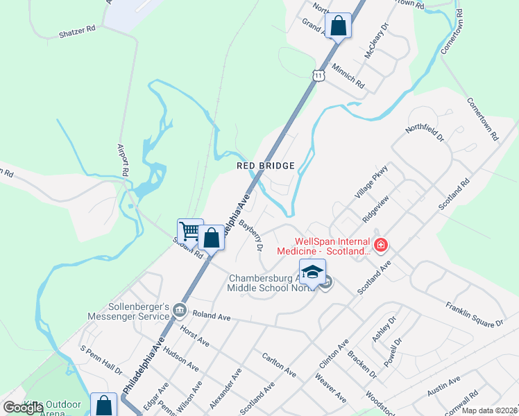 map of restaurants, bars, coffee shops, grocery stores, and more near 130 Ginkgo Court in Chambersburg