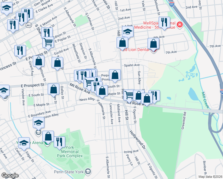 map of restaurants, bars, coffee shops, grocery stores, and more near 565 Lancaster Avenue in York