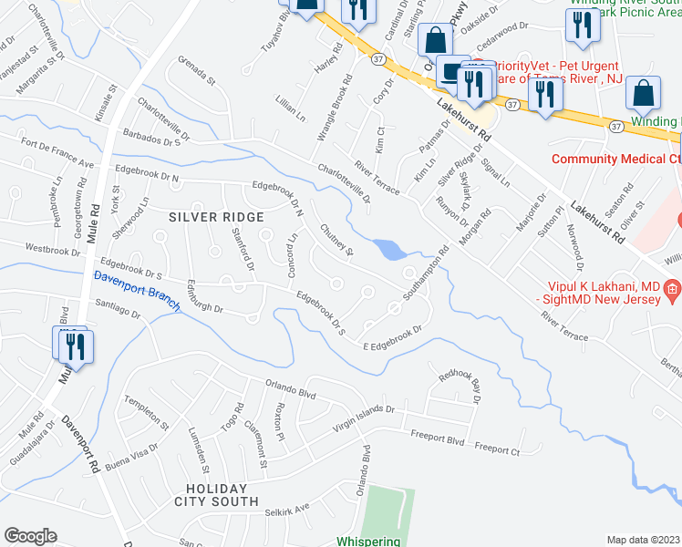 map of restaurants, bars, coffee shops, grocery stores, and more near 44 Cambridge Court in Toms River