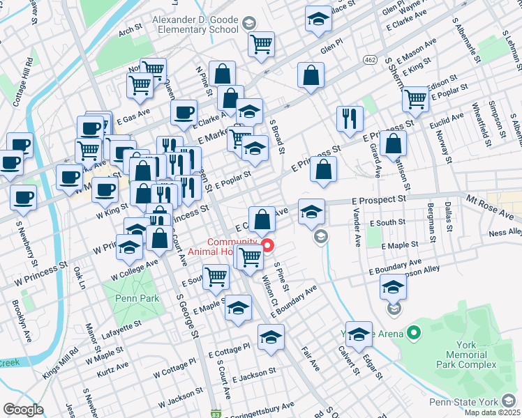 map of restaurants, bars, coffee shops, grocery stores, and more near 312 East College Avenue in York