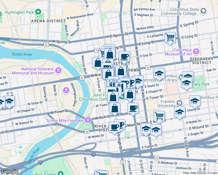 map of restaurants, bars, coffee shops, grocery stores, and more near 77 South High Street in Columbus