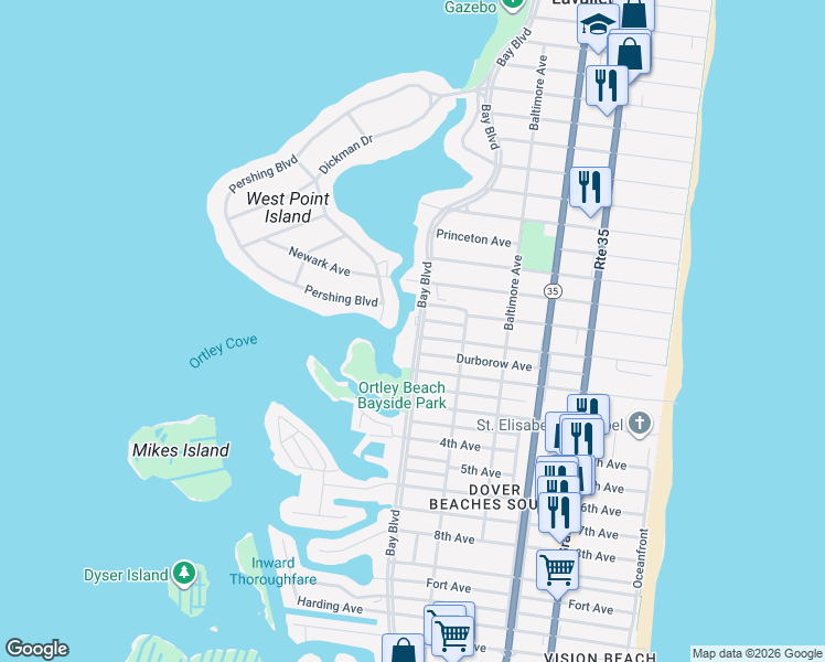 map of restaurants, bars, coffee shops, grocery stores, and more near 2031 Bay Boulevard in Seaside Heights