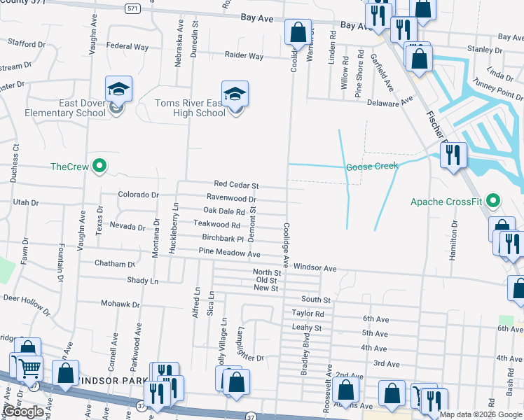 map of restaurants, bars, coffee shops, grocery stores, and more near 2006 Teakwood Road in Toms River