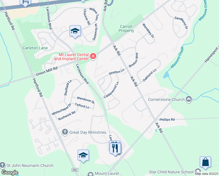 map of restaurants, bars, coffee shops, grocery stores, and more near 115 Banwell Lane in Mount Laurel