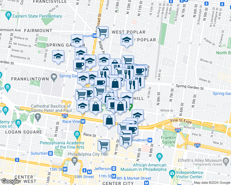 map of restaurants, bars, coffee shops, grocery stores, and more near 428-38 North 11th Street in Philadelphia