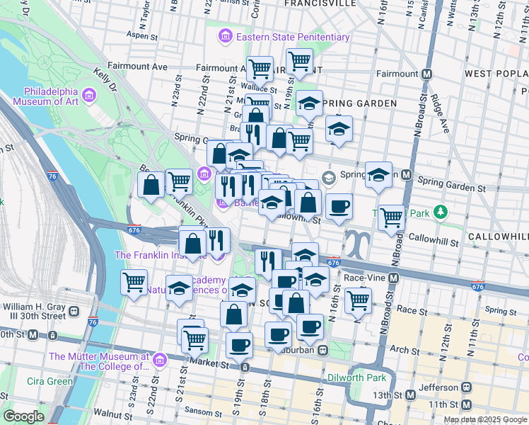 map of restaurants, bars, coffee shops, grocery stores, and more near 315 North 20th Street in Philadelphia