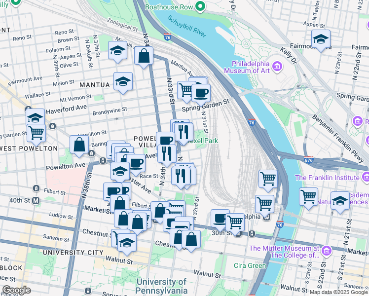 map of restaurants, bars, coffee shops, grocery stores, and more near 229 North 33rd Street in Philadelphia