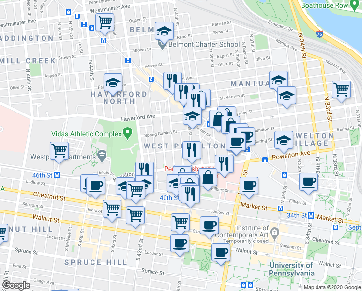 map of restaurants, bars, coffee shops, grocery stores, and more near 318 North 40th Street in Philadelphia