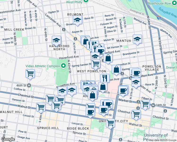 map of restaurants, bars, coffee shops, grocery stores, and more near 318 North 40th Street in Philadelphia