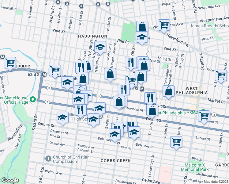 map of restaurants, bars, coffee shops, grocery stores, and more near 5755 Chestnut Street in Philadelphia