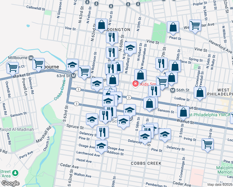 map of restaurants, bars, coffee shops, grocery stores, and more near 114 South Redfield Street in Philadelphia